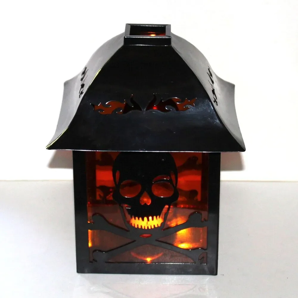 Large Lantern Skull and Bones black metal orange halloween goth decor 10
